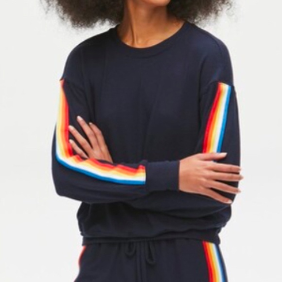 Michael Stars Evereve XS Navy Gigi Pullover crew sweatshirt with stripe trim - Picture 1 of 8